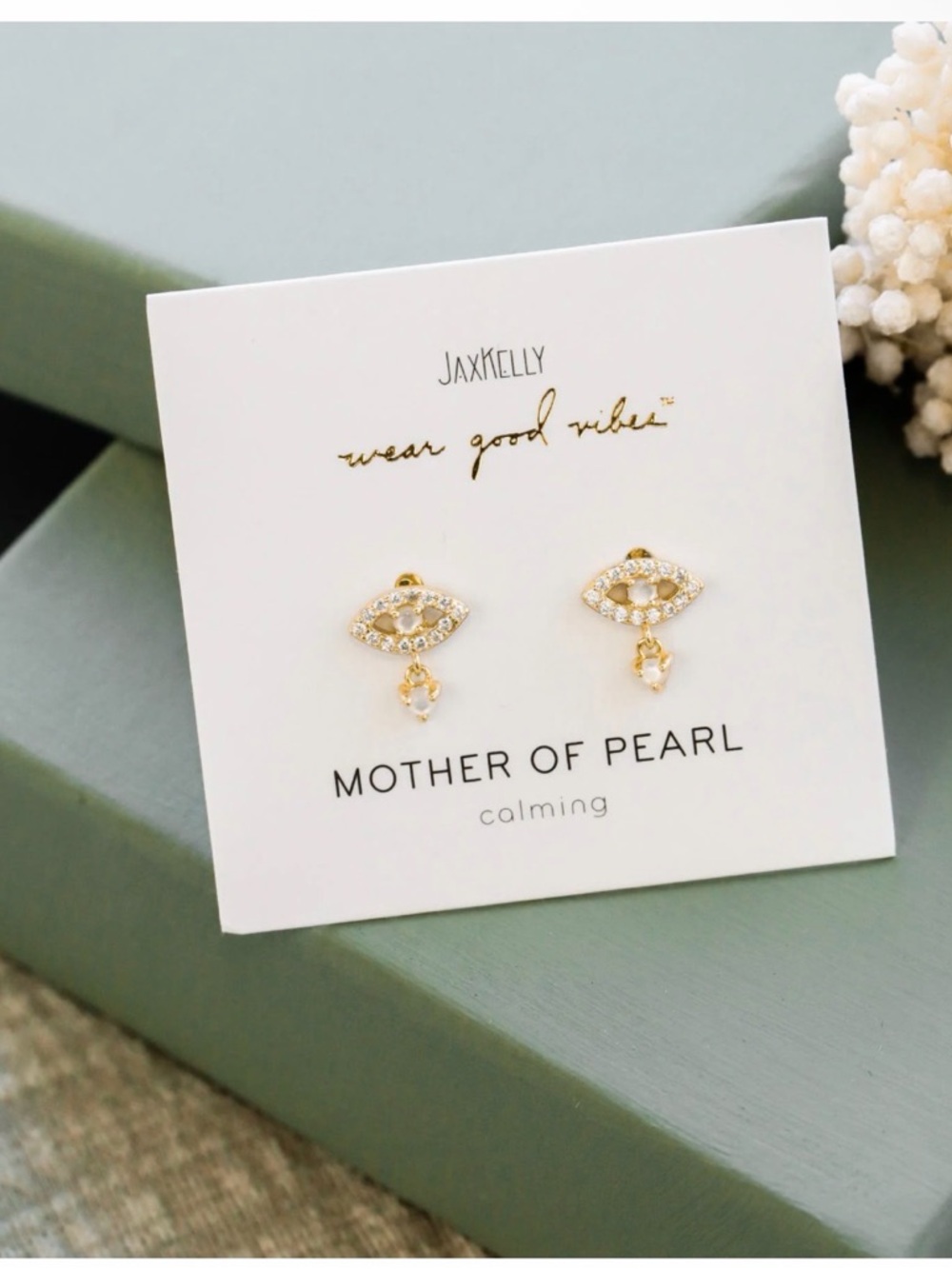 JaxKelly Mother of Pearl Evil Eye Drop | Calming | MSRP: $40 | 18K gold plating